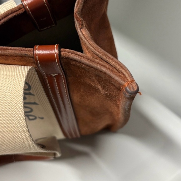 Chloé Woody Tote Medium Brown Suede Canvas Logo Strap Authentic - Picture 5 of 11